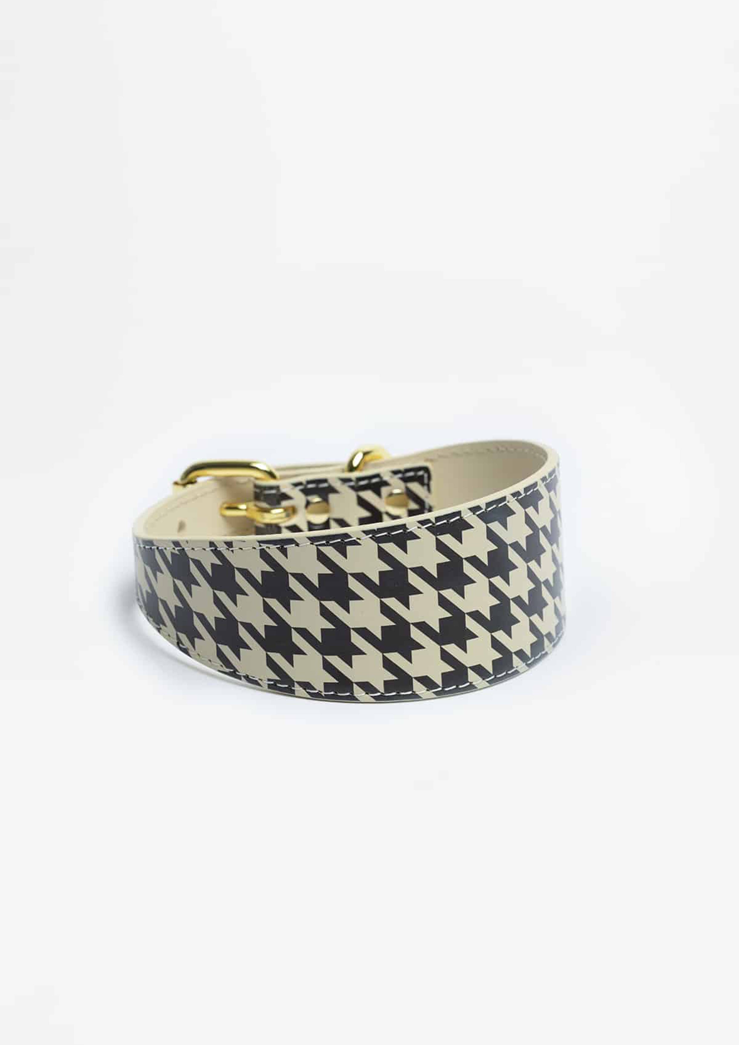Beige Houndstooth Wide Leather Collar