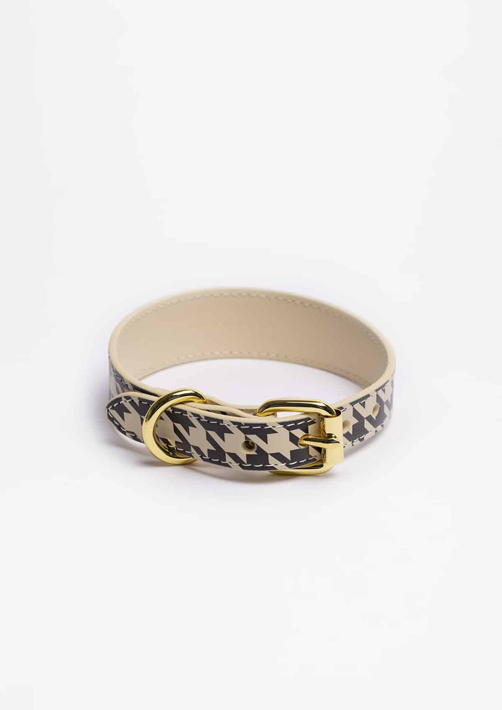 Beige Houndstooth Thin Leather Collar
