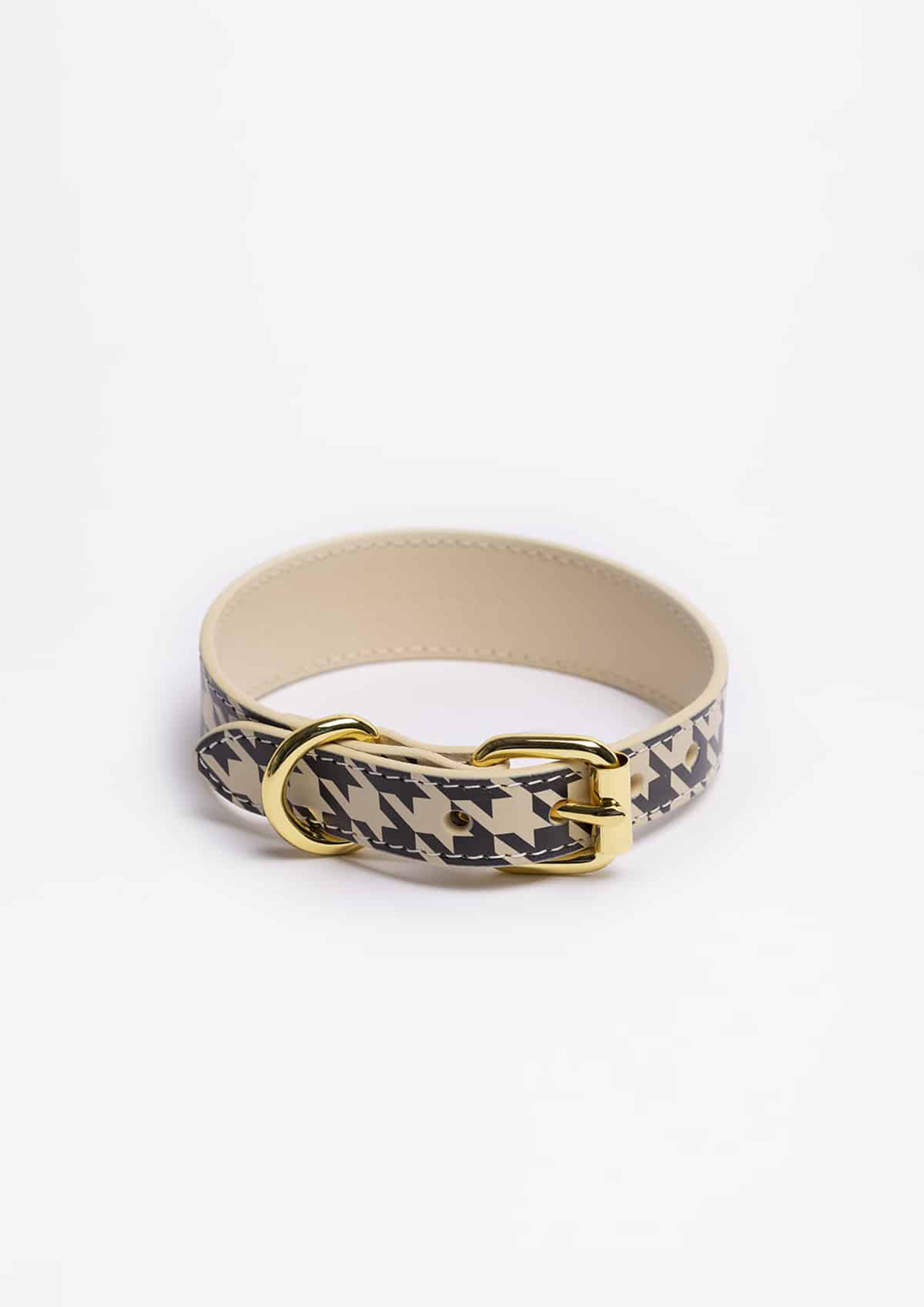 Beige Houndstooth Thin Leather Collar